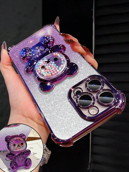 MewTrek Luxury Electroplated Transparent Phone Case, Creative Cute Bear Holder, Sparkling Y2K Style, New Summer Fashion Silicone Shock-Proof Soft Cover, Compatible With Iphone 16/16e/15/14/13/12/11/X