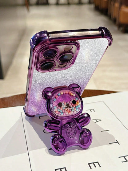 MewTrek Luxury Electroplated Transparent Phone Case, Creative Cute Bear Holder, Sparkling Y2K Style, New Summer Fashion Silicone Shock-Proof Soft Cover, Compatible With Iphone 16/16e/15/14/13/12/11/X