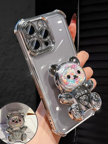 MewTrek Luxury Electroplated Transparent Phone Case, Creative Cute Bear Holder, Sparkling Y2K Style, New Summer Fashion Silicone Shock-Proof Soft Cover, Compatible With Iphone 16/16e/15/14/13/12/11/X