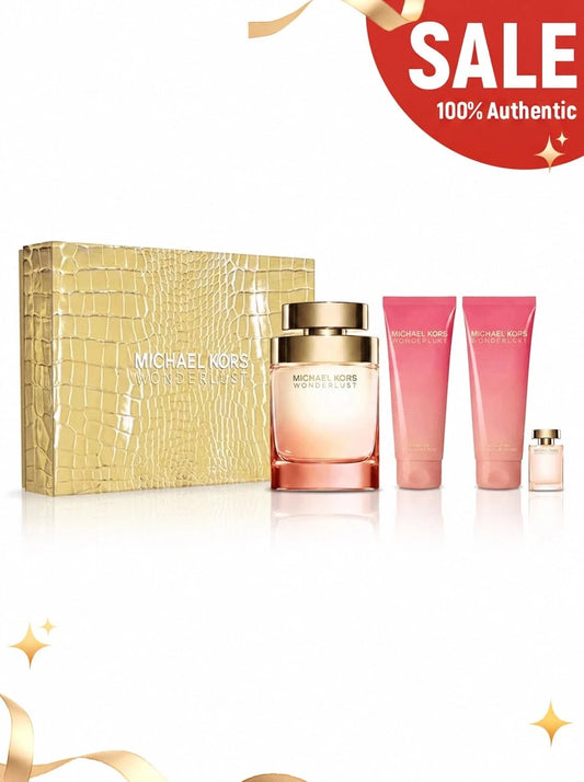 Michael Kors Wonderlust 4 Pcs Set For Women (EDP 3.4oz+Body Lotion 3.4oz+Shower Gel 3.4oz+EDP 4ml) 3.4oz/100ml*3+0.17oz/4ml- Girlfriend Wife Mother Friend Boyfriend Husband Father Brother Bedroom Dec