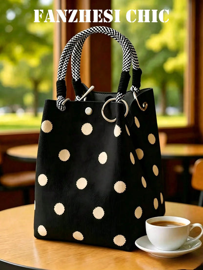 Minimalist Black Base Beige Polka Dot HandBag, Braided Check Rope Double Handles Handbag With Snap Button Detail, Suitable For School Cafe Outings