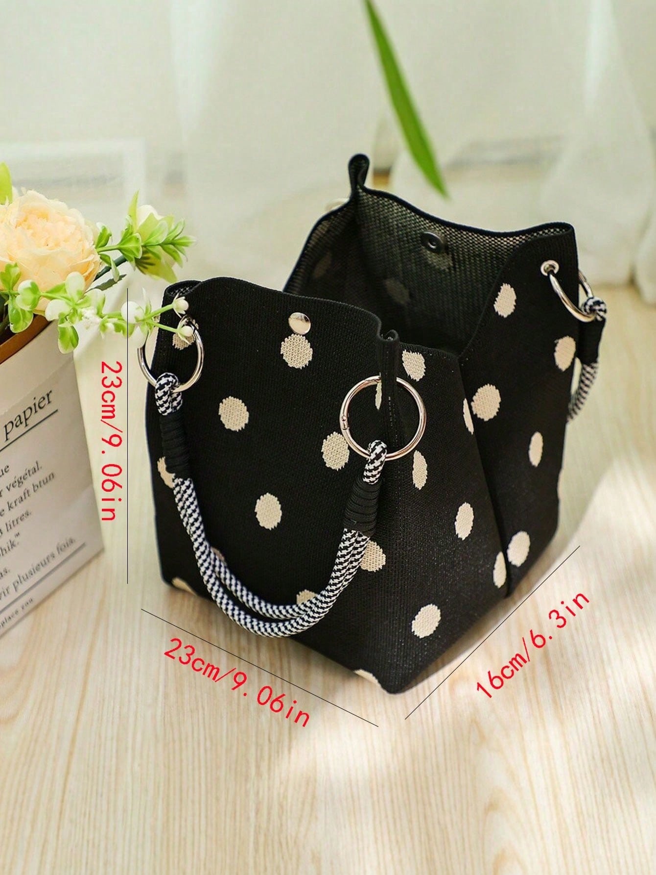 Minimalist Black Base Beige Polka Dot HandBag, Braided Check Rope Double Handles Handbag With Snap Button Detail, Suitable For School Cafe Outings