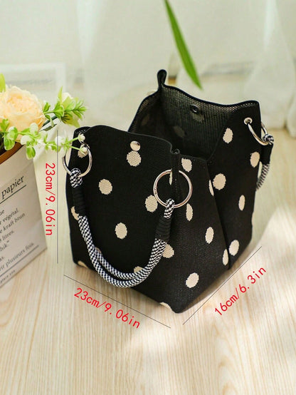 Minimalist Black Base Beige Polka Dot HandBag, Braided Check Rope Double Handles Handbag With Snap Button Detail, Suitable For School Cafe Outings