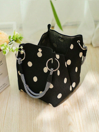 Minimalist Black Base Beige Polka Dot HandBag, Braided Check Rope Double Handles Handbag With Snap Button Detail, Suitable For School Cafe Outings