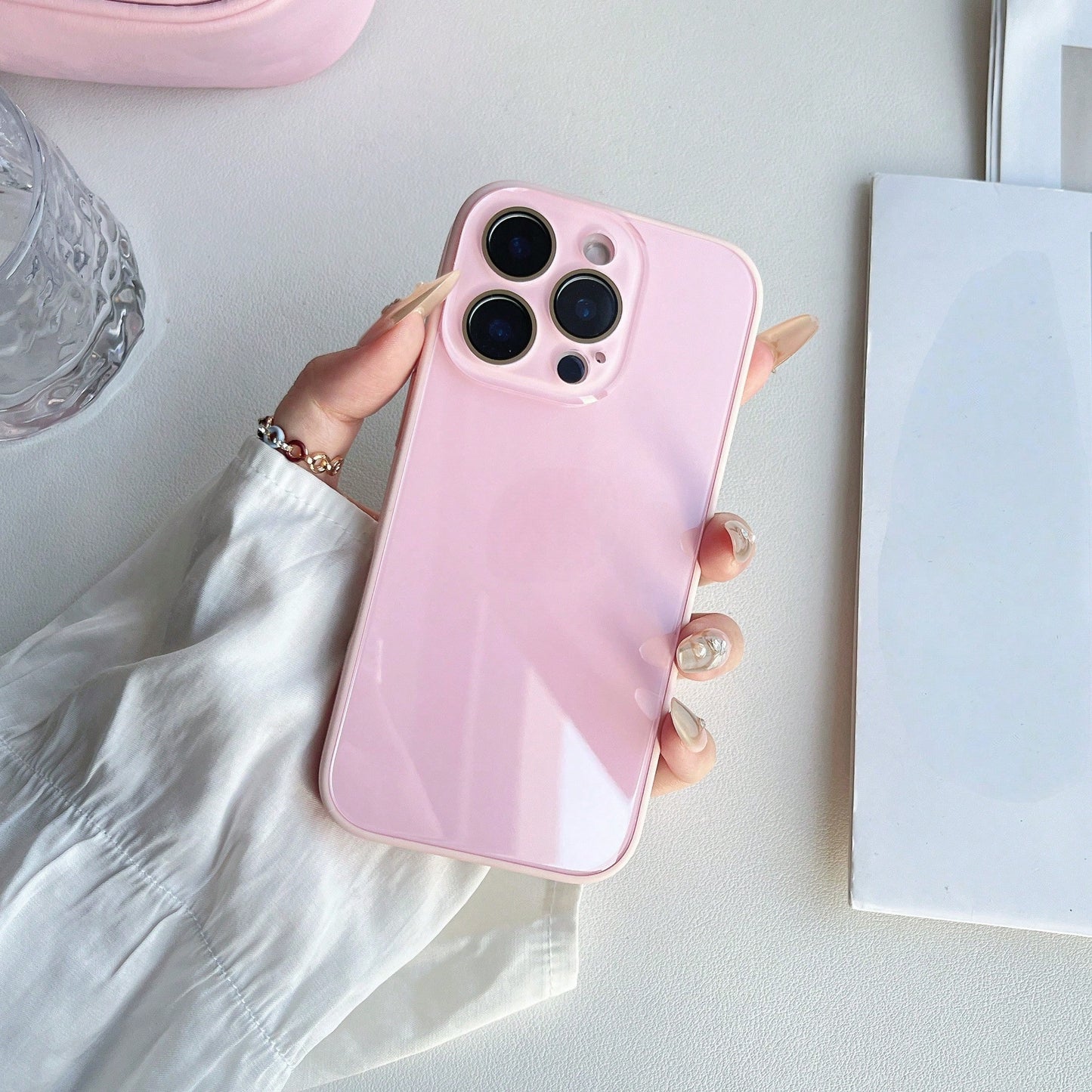 Minimalist Pink Lens Protection Solid Color Fashion Summer Macaron Glass Naked Machine Texture Straight Edge With Lens Film 16 ProMax Phone Case, Compatible With IPhone 13 New 14 Pro 16 Minimalist 15