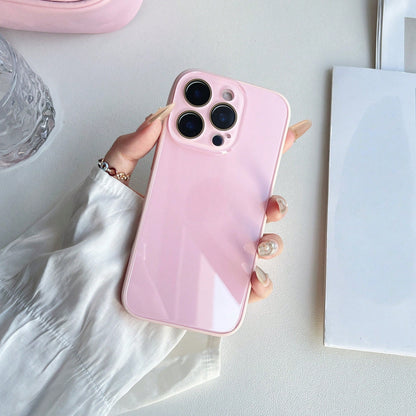 Minimalist Pink Lens Protection Solid Color Fashion Summer Macaron Glass Naked Machine Texture Straight Edge With Lens Film 16 ProMax Phone Case, Compatible With IPhone 13 New 14 Pro 16 Minimalist 15