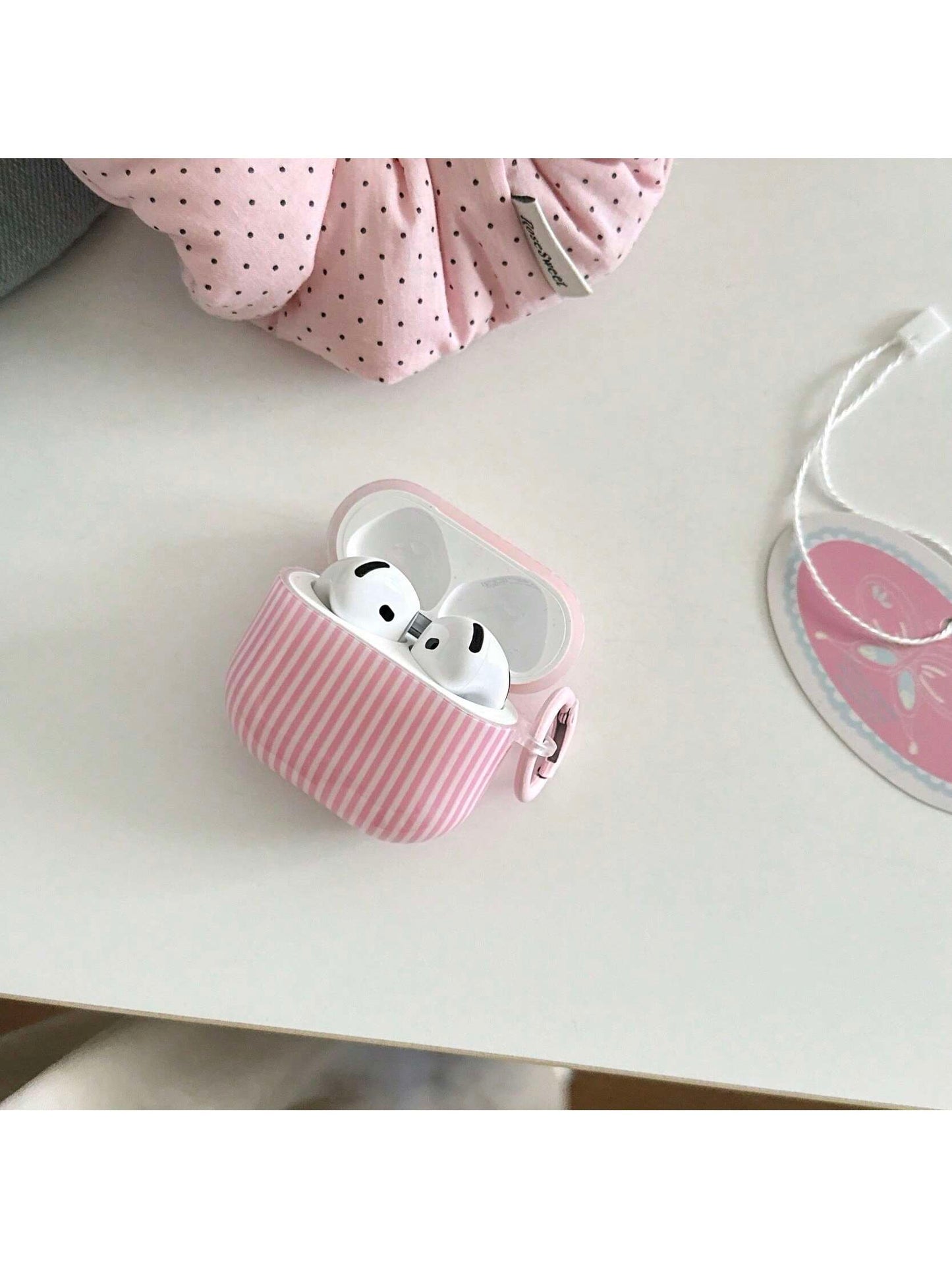 Minimalist Pink White Striped Bluetooth Earphone Case With Hanging Loop, Compatible With Apple Pro 3/Pro 2/Pro/ 4/3/2, Fashionable Women Earphone Case, Minimalist Earphone Case, Apple Earphone Case, A