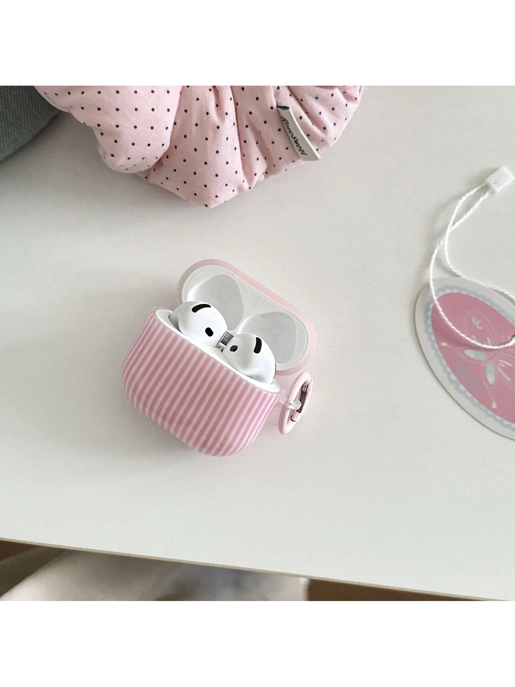 Minimalist Pink White Striped Bluetooth Earphone Case With Hanging Loop, Compatible With Apple Pro 3/Pro 2/Pro/ 4/3/2, Fashionable Women Earphone Case, Minimalist Earphone Case, Apple Earphone Case, A