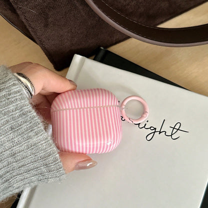 Minimalist Pink White Striped Bluetooth Earphone Case With Hanging Loop, Compatible With Apple Pro 3/Pro 2/Pro/ 4/3/2, Fashionable Women Earphone Case, Minimalist Earphone Case, Apple Earphone Case, A