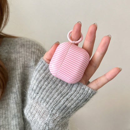 Minimalist Pink White Striped Bluetooth Earphone Case With Hanging Loop, Compatible With Apple Pro 3/Pro 2/Pro/ 4/3/2, Fashionable Women Earphone Case, Minimalist Earphone Case, Apple Earphone Case, A