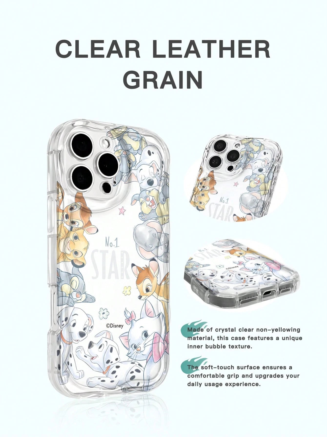 Miniso 1pc New Authorized Disney Creative Pattern Unique Transparent Cow Print Thick Shockproof Protective Phone Case Suitable For Apple Series IPhone 17 ProMax/Air, 16, 11/12/13/14 Plus/XR/7/8 Plus/1