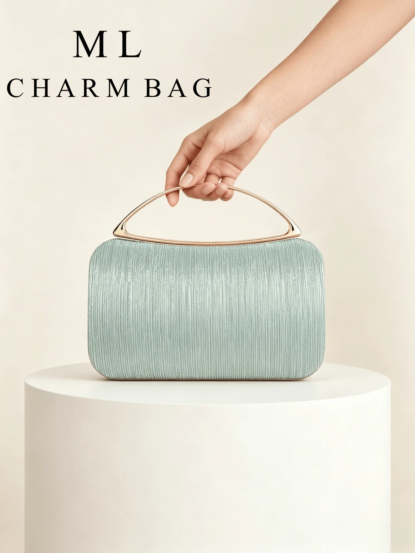 Mint Green Striped Material Evening Clutch, Luxury Gold Metal Top Handle Handbag, Suitable For Party/Wedding/Prom/Banquet