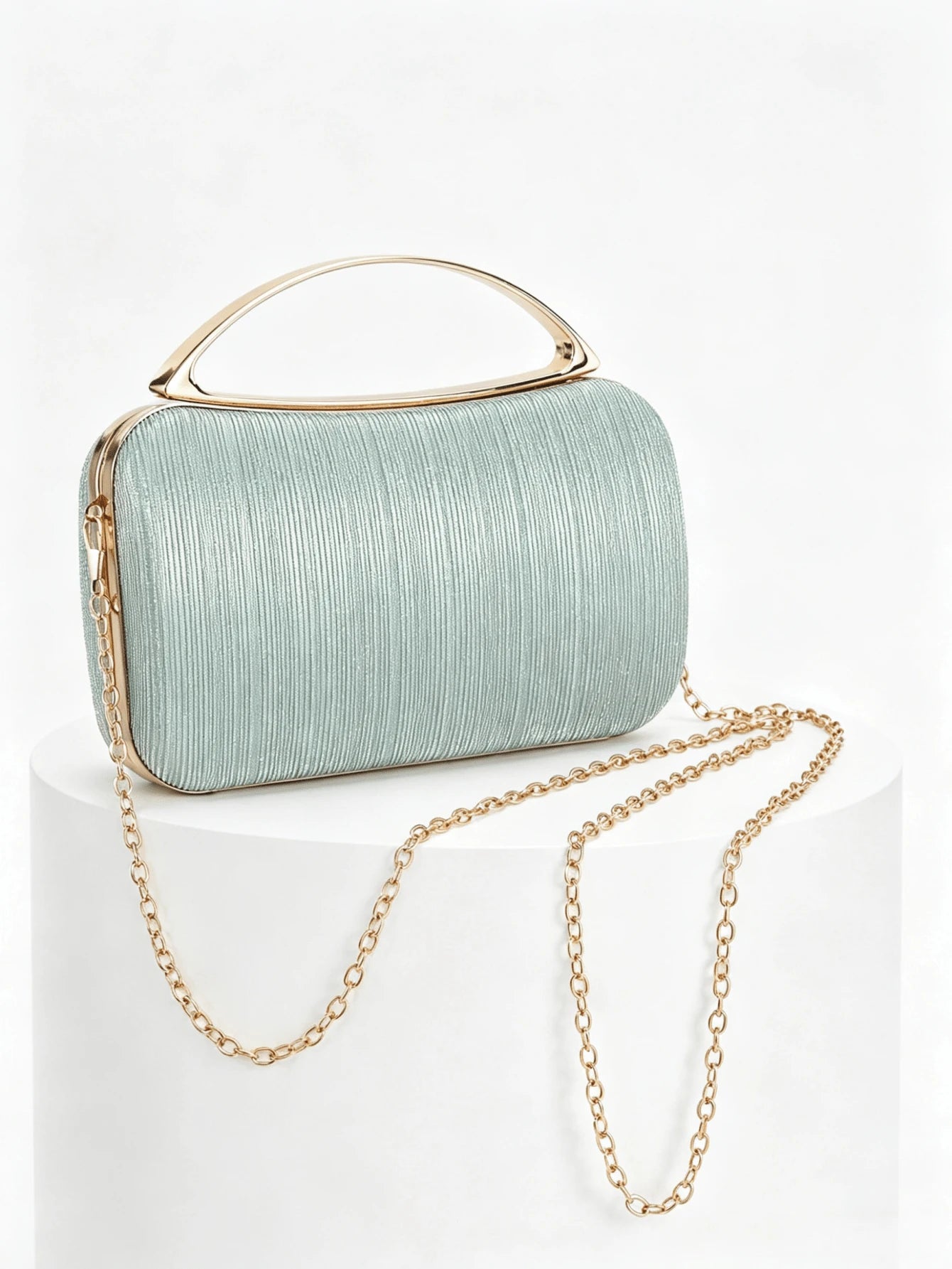 Mint Green Striped Material Evening Clutch, Luxury Gold Metal Top Handle Handbag, Suitable For Party/Wedding/Prom/Banquet