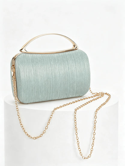 Mint Green Striped Material Evening Clutch, Luxury Gold Metal Top Handle Handbag, Suitable For Party/Wedding/Prom/Banquet
