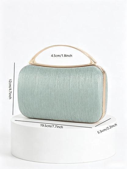 Mint Green Striped Material Evening Clutch, Luxury Gold Metal Top Handle Handbag, Suitable For Party/Wedding/Prom/Banquet