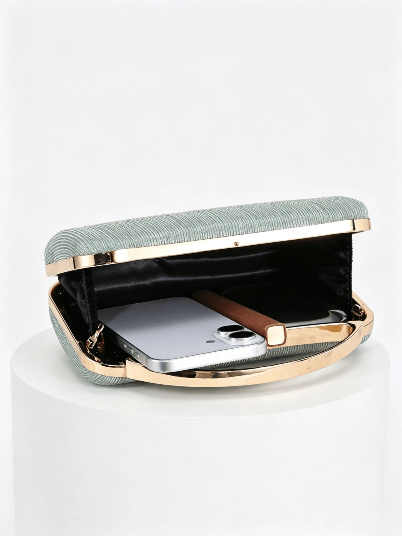 Mint Green Striped Material Evening Clutch, Luxury Gold Metal Top Handle Handbag, Suitable For Party/Wedding/Prom/Banquet