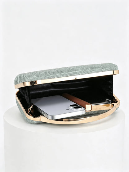 Mint Green Striped Material Evening Clutch, Luxury Gold Metal Top Handle Handbag, Suitable For Party/Wedding/Prom/Banquet