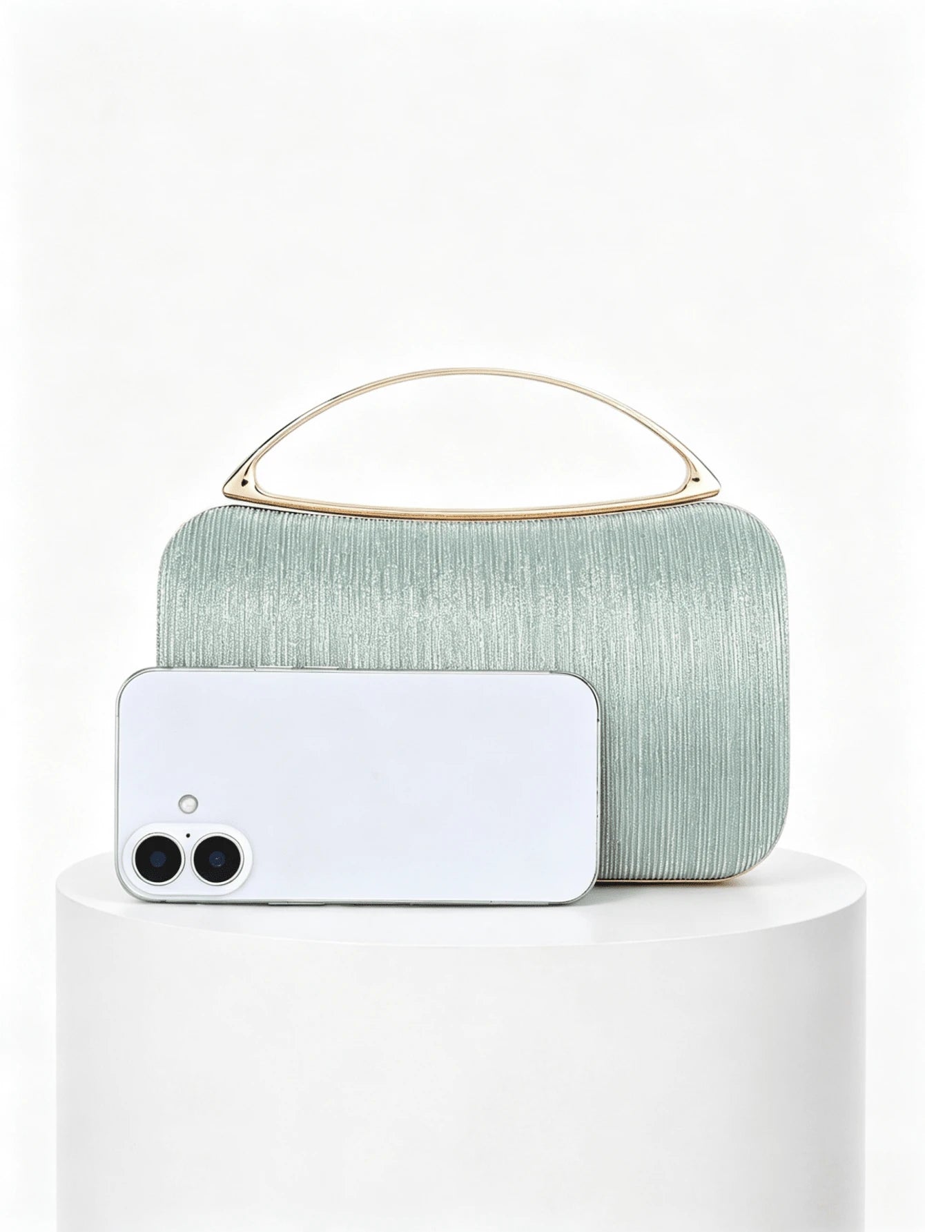 Mint Green Striped Material Evening Clutch, Luxury Gold Metal Top Handle Handbag, Suitable For Party/Wedding/Prom/Banquet