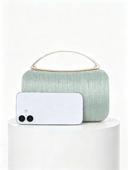 Mint Green Striped Material Evening Clutch, Luxury Gold Metal Top Handle Handbag, Suitable For Party/Wedding/Prom/Banquet