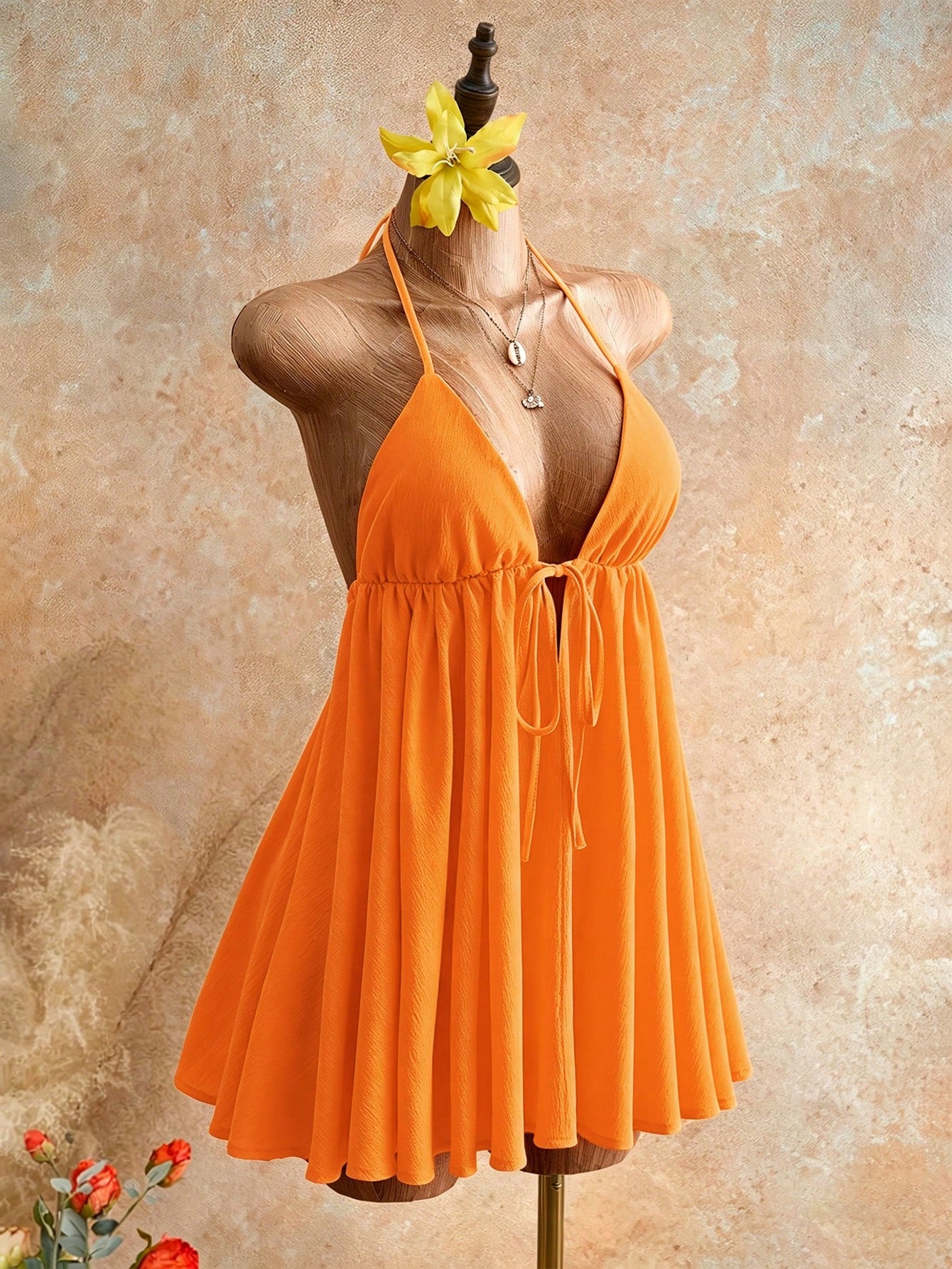 Mistrie Summer Beach Vacation New Textured Light Yellow Spaghetti Strap Puff Dress, Sexy Open Back Umbrella Mini Dress Dress For Women