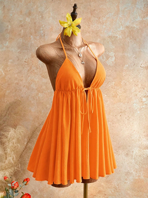 Mistrie Summer Beach Vacation New Textured Light Yellow Spaghetti Strap Puff Dress, Sexy Open Back Umbrella Mini Dress Dress For Women