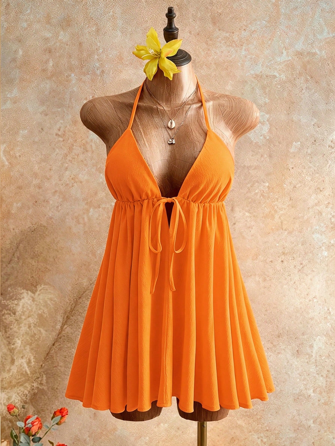 Mistrie Summer Beach Vacation New Textured Light Yellow Spaghetti Strap Puff Dress, Sexy Open Back Umbrella Mini Dress Dress For Women
