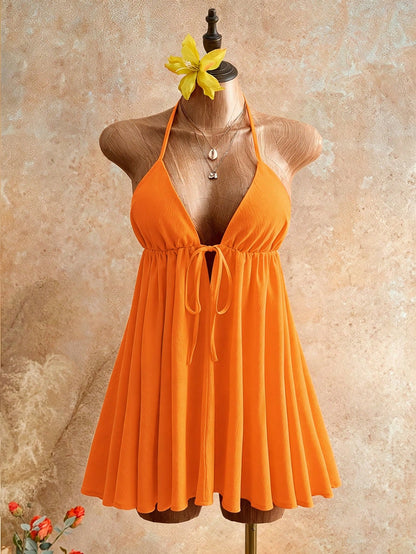 Mistrie Summer Beach Vacation New Textured Light Yellow Spaghetti Strap Puff Dress, Sexy Open Back Umbrella Mini Dress Dress For Women