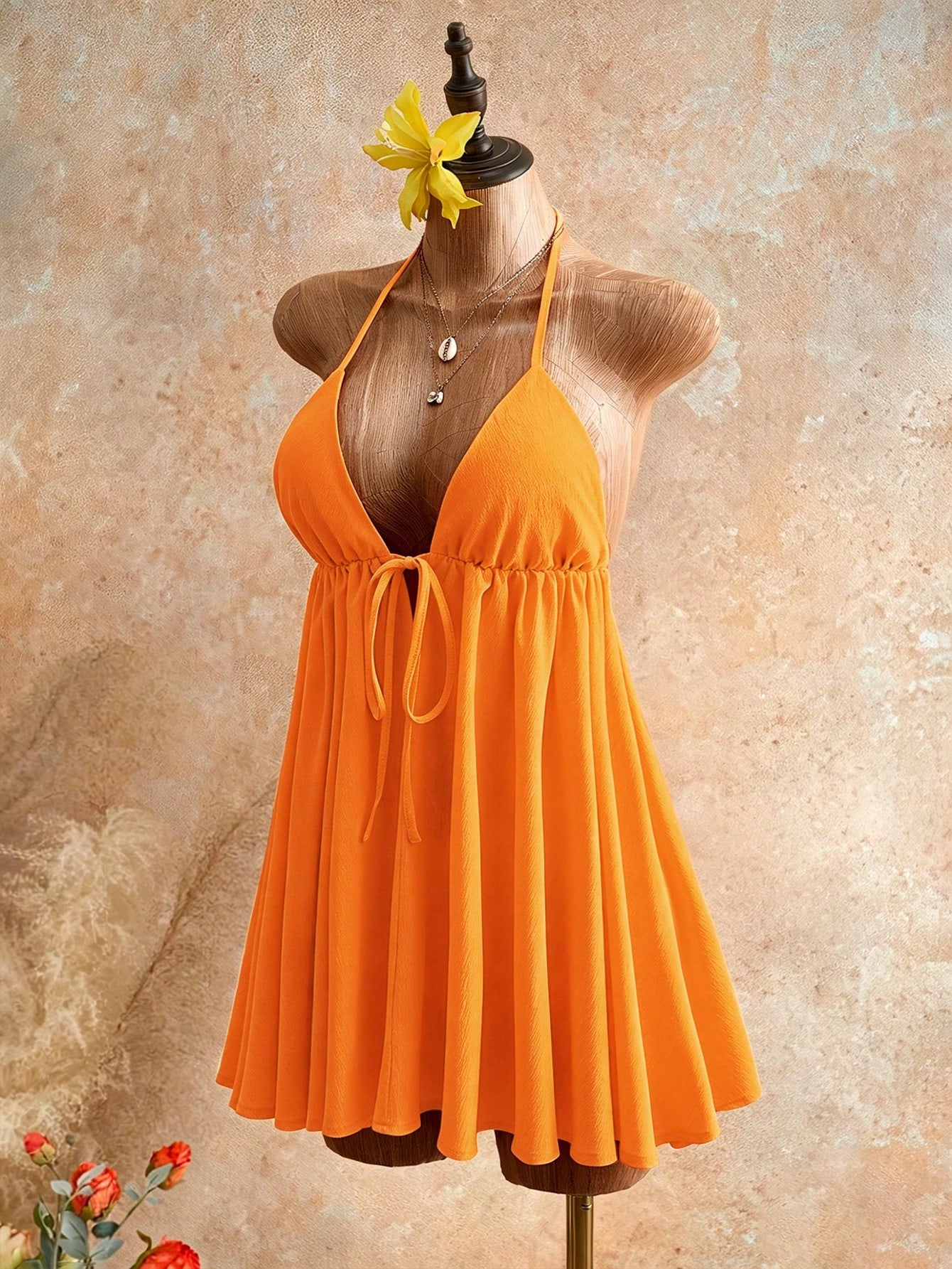 Mistrie Summer Beach Vacation New Textured Light Yellow Spaghetti Strap Puff Dress, Sexy Open Back Umbrella Mini Dress Dress For Women
