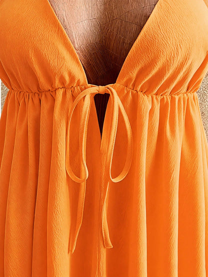 Mistrie Summer Beach Vacation New Textured Light Yellow Spaghetti Strap Puff Dress, Sexy Open Back Umbrella Mini Dress Dress For Women