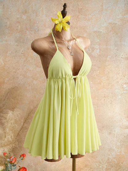 Mistrie Summer Beach Vacation New Textured Light Yellow Spaghetti Strap Puff Dress, Sexy Open Back Umbrella Mini Dress Dress For Women