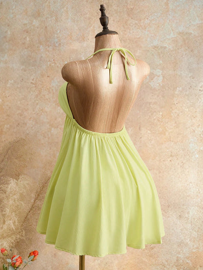 Mistrie Summer Beach Vacation New Textured Light Yellow Spaghetti Strap Puff Dress, Sexy Open Back Umbrella Mini Dress Dress For Women