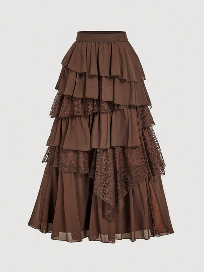 MOD Boho-Western Elegance: 70s Flowy Chiffon & Lace Maxi Skirt In Apricot- Your Effortless Companion For Golden Hour Picnics & Bohemian Adventures