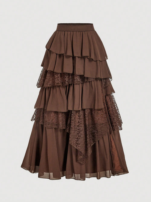 MOD Boho-Western Elegance: 70s Flowy Chiffon & Lace Maxi Skirt In Apricot- Your Effortless Companion For Golden Hour Picnics & Bohemian Adventures