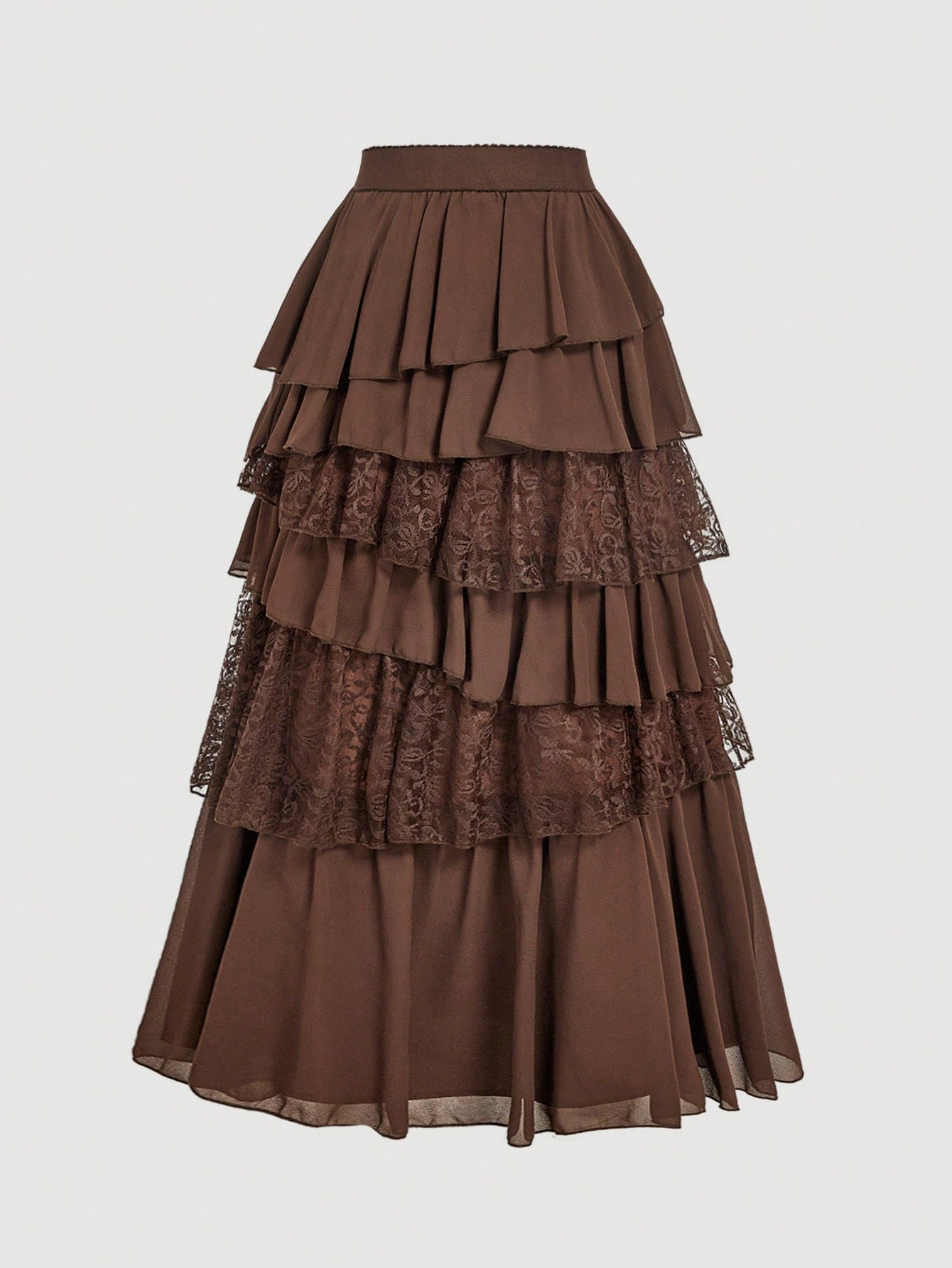 MOD Boho-Western Elegance: 70s Flowy Chiffon & Lace Maxi Skirt In Apricot- Your Effortless Companion For Golden Hour Picnics & Bohemian Adventures