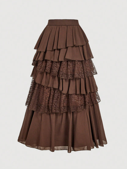 MOD Boho-Western Elegance: 70s Flowy Chiffon & Lace Maxi Skirt In Apricot- Your Effortless Companion For Golden Hour Picnics & Bohemian Adventures