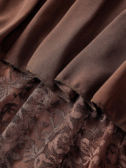 MOD Boho-Western Elegance: 70s Flowy Chiffon & Lace Maxi Skirt In Apricot- Your Effortless Companion For Golden Hour Picnics & Bohemian Adventures