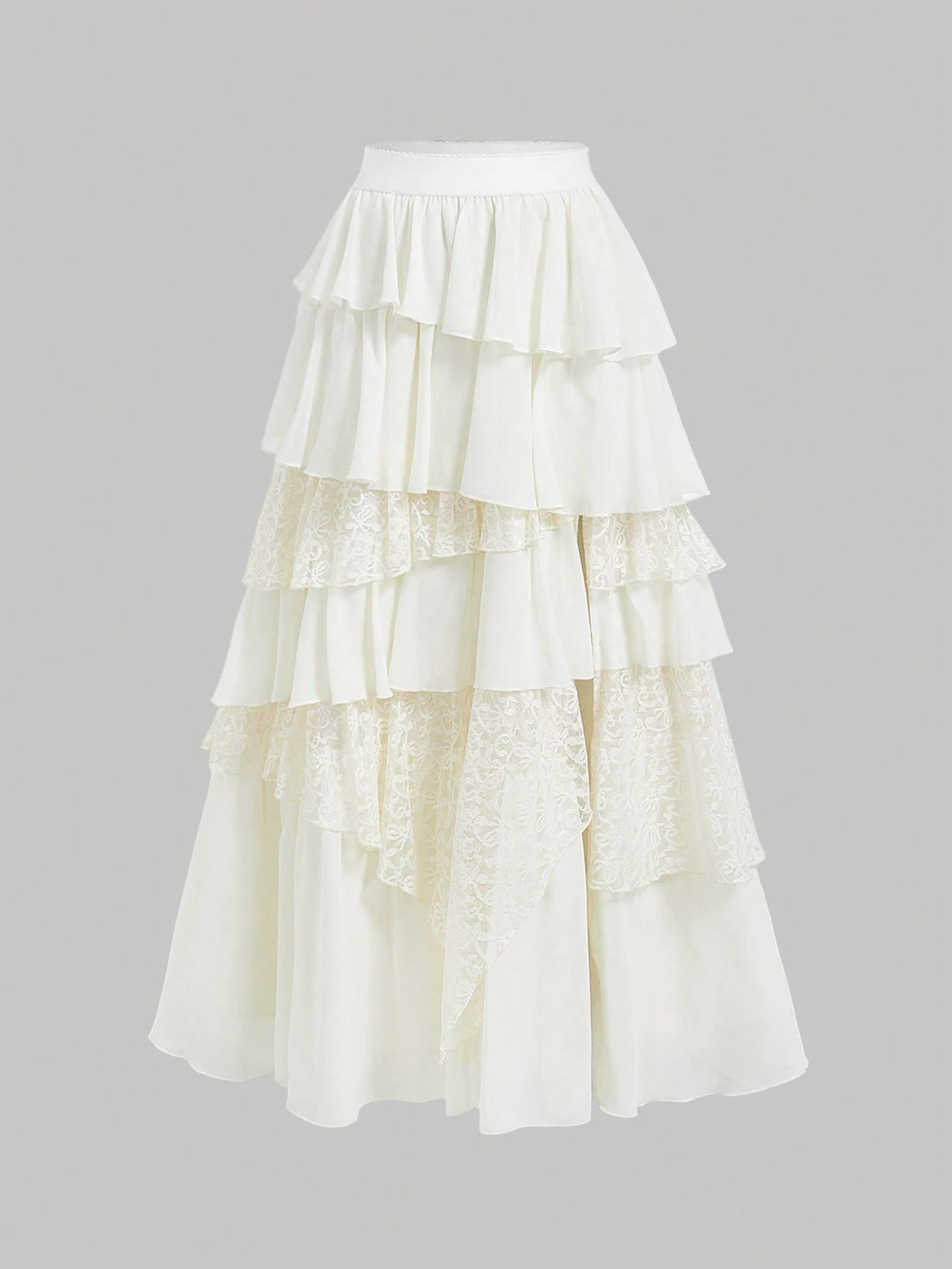 MOD Boho-Western Elegance: 70s Flowy Chiffon & Lace Maxi Skirt In Apricot- Your Effortless Companion For Golden Hour Picnics & Bohemian Adventures