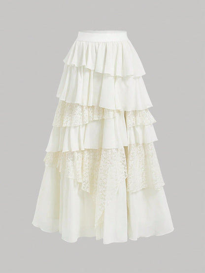 MOD Boho-Western Elegance: 70s Flowy Chiffon & Lace Maxi Skirt In Apricot- Your Effortless Companion For Golden Hour Picnics & Bohemian Adventures