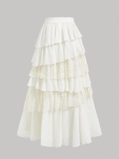 MOD Boho-Western Elegance: 70s Flowy Chiffon & Lace Maxi Skirt In Apricot- Your Effortless Companion For Golden Hour Picnics & Bohemian Adventures