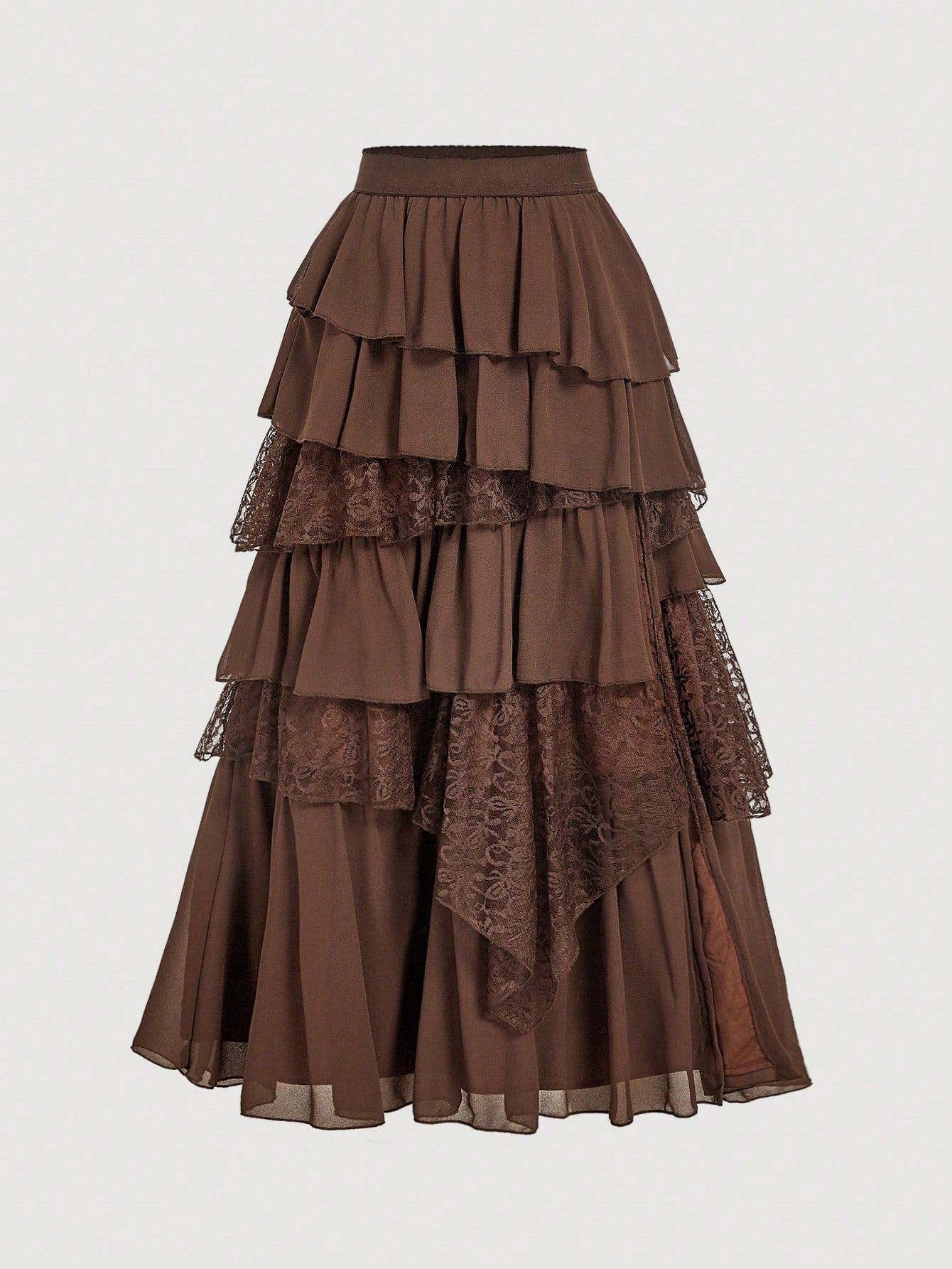 MOD Boho-Western Elegance: 70s Flowy Chiffon & Lace Maxi Skirt In Apricot- Your Effortless Companion For Golden Hour Picnics & Bohemian Adventures