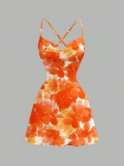 MOD Casual Minimalist Loose Fit Printed Spaghetti Strap Short Dress For Women, Suitable Summer Vacation Dresses Chic