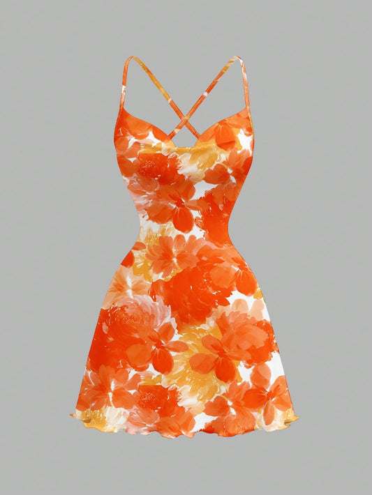 MOD Casual Minimalist Loose Fit Printed Spaghetti Strap Short Dress For Women, Suitable Summer Vacation Dresses Chic