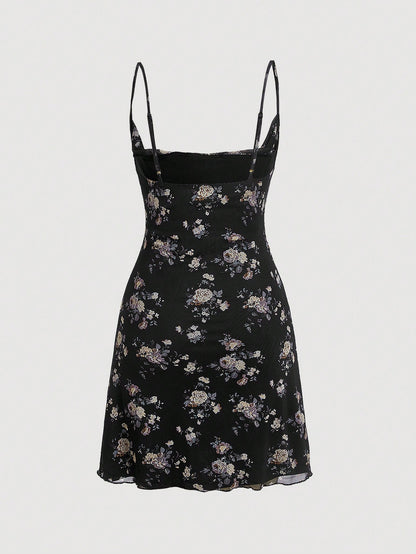 MOD Casual Minimalist Loose Fit Printed Spaghetti Strap Short Dress For Women, Suitable Summer Vacation Dresses Chic