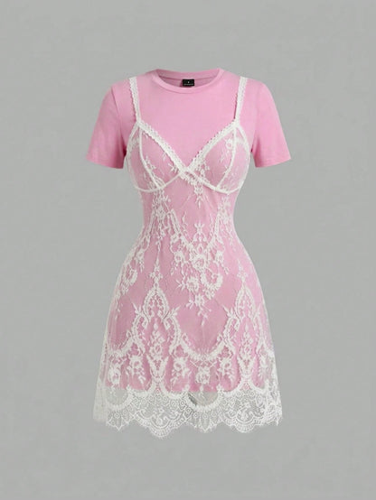 MOD Fashionable Lace 2 In 1 Black & White Mini Dress,Summer Dresses For Women