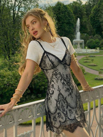 MOD Fashionable Lace 2 In 1 Black & White Mini Dress,Summer Dresses For Women