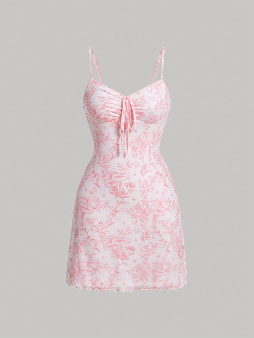MOD Floral Print Drawstring Front Cami Net Pink Mini Dress