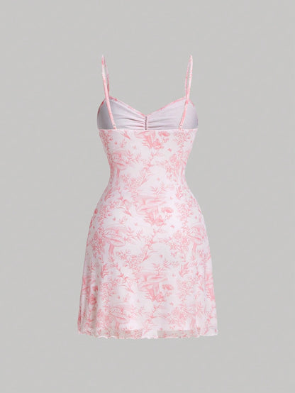 MOD Floral Print Drawstring Front Cami Net Pink Mini Dress