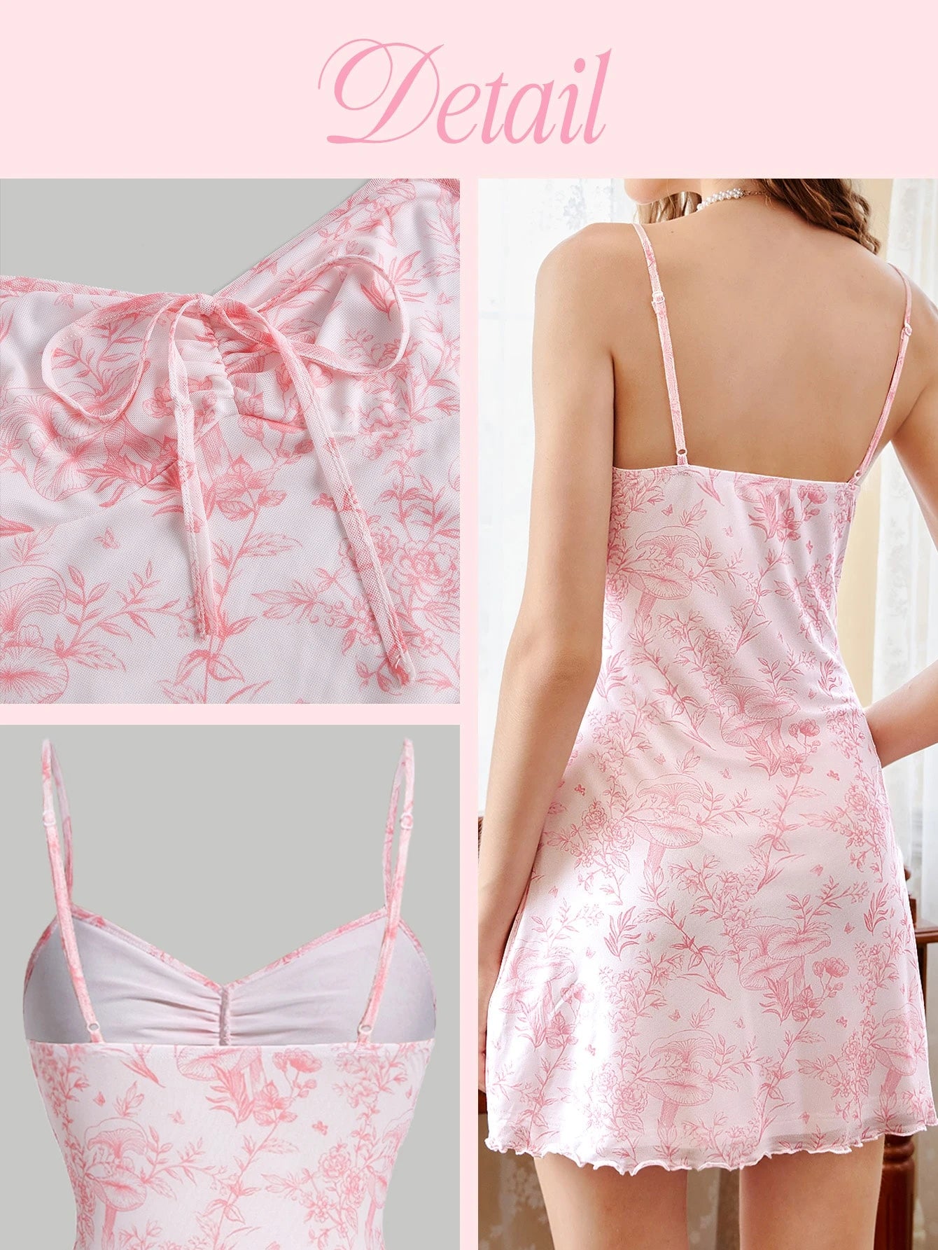 MOD Floral Print Drawstring Front Cami Net Pink Mini Dress