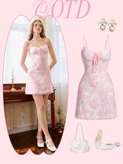 MOD Floral Print Drawstring Front Cami Net Pink Mini Dress