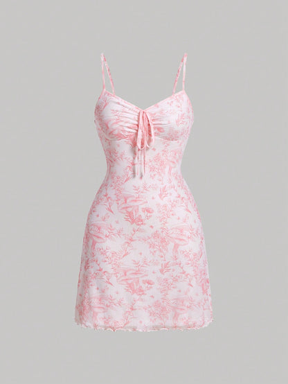 MOD Floral Print Drawstring Front Cami Net Pink Mini Dress